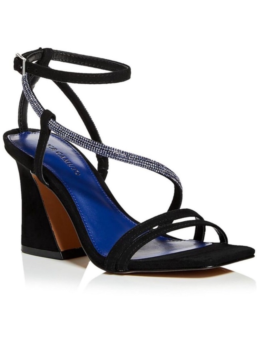 Vince Camuto Kressila Black Suede Blue Crystal Strappy Block Heel Sandals 9 NEW
